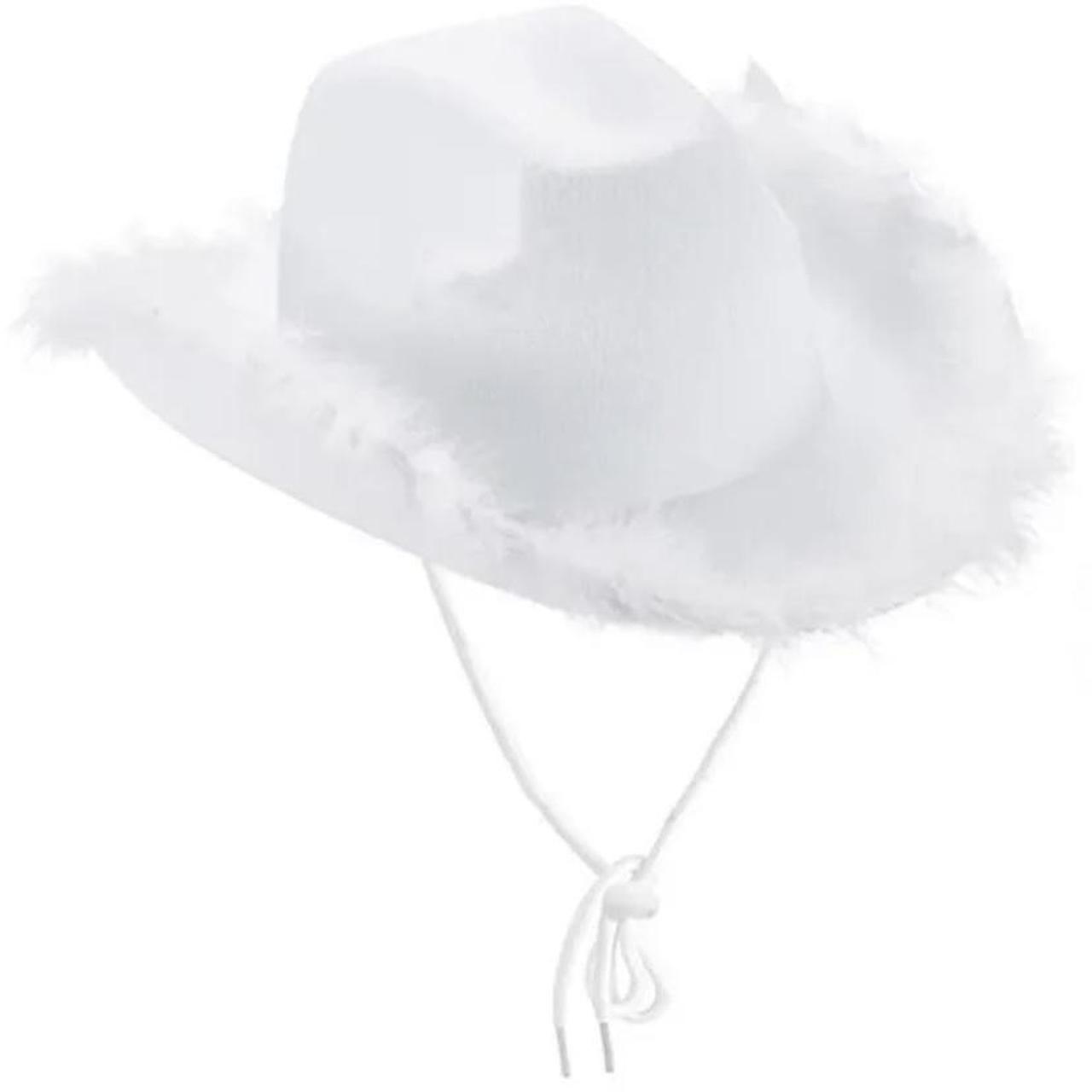 brand new white fluffy cowgirl hat with string not... - Depop