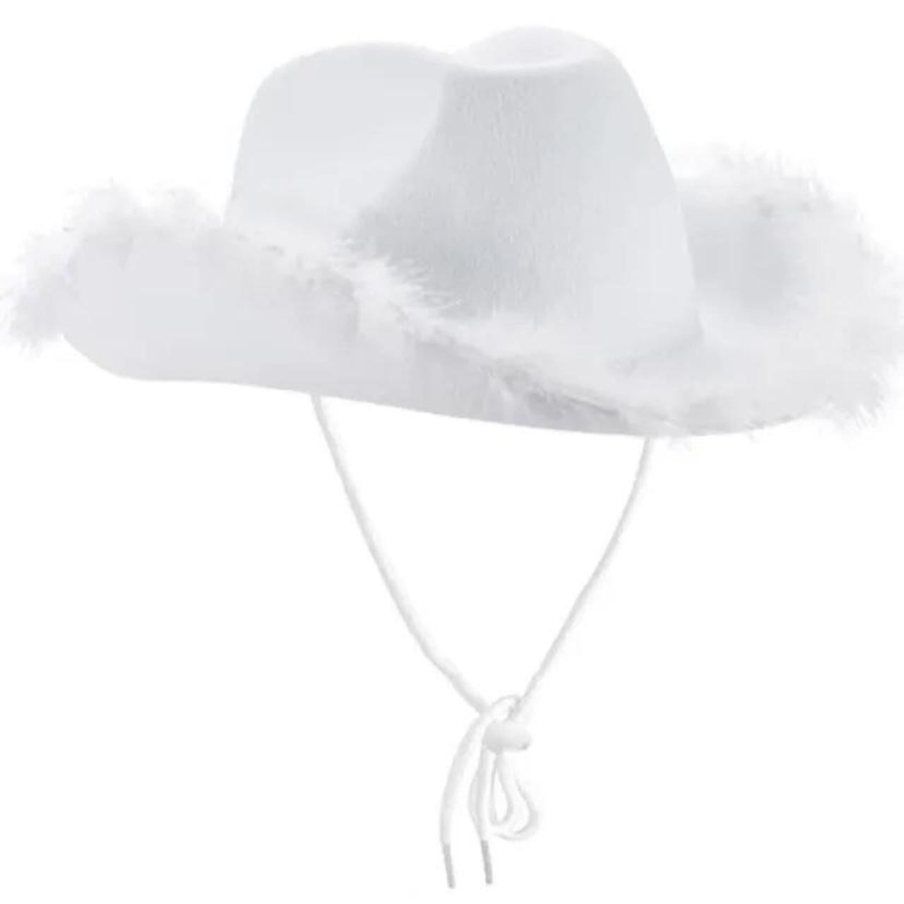 brand new white fluffy cowgirl hat with string not... - Depop