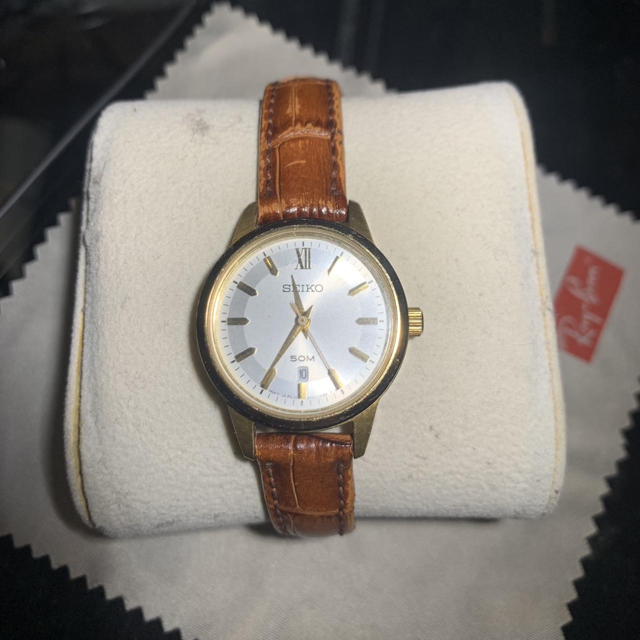 Seiko SUR880 Silver Dial Brown Leather Ladies Watch... - Depop