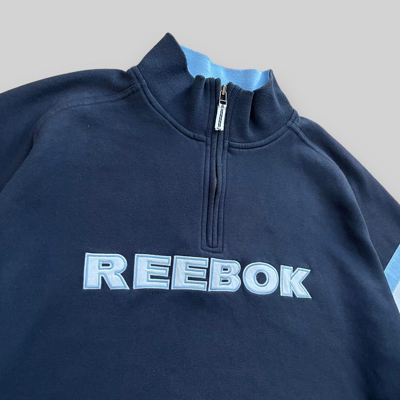 Reebok Jumper Blue Vintage Reebok Spellout Quarter... Depop