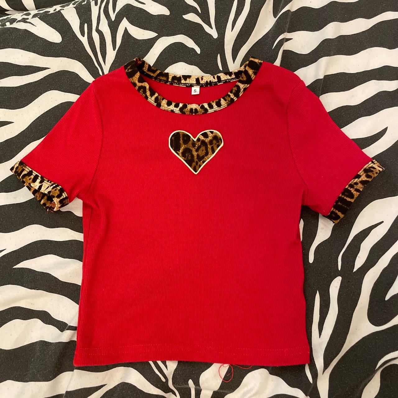 Red leopard print y2k crop baby tee Size small £5... - Depop