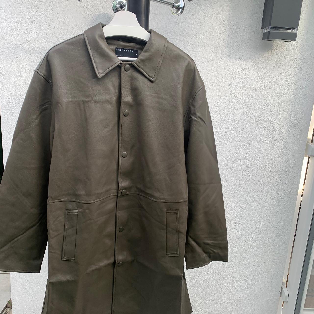 ASOS faux leather longline trench coat in khaki size... - Depop