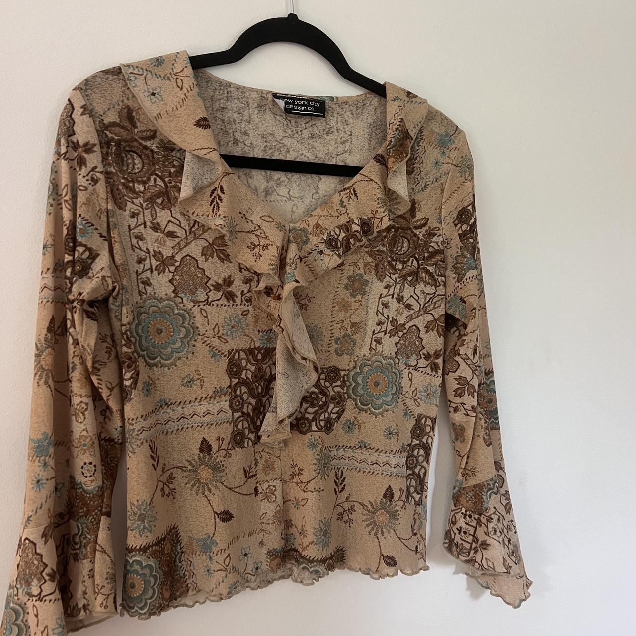 2000s flowy ruffle tan graphic pattern top 3/4... - Depop