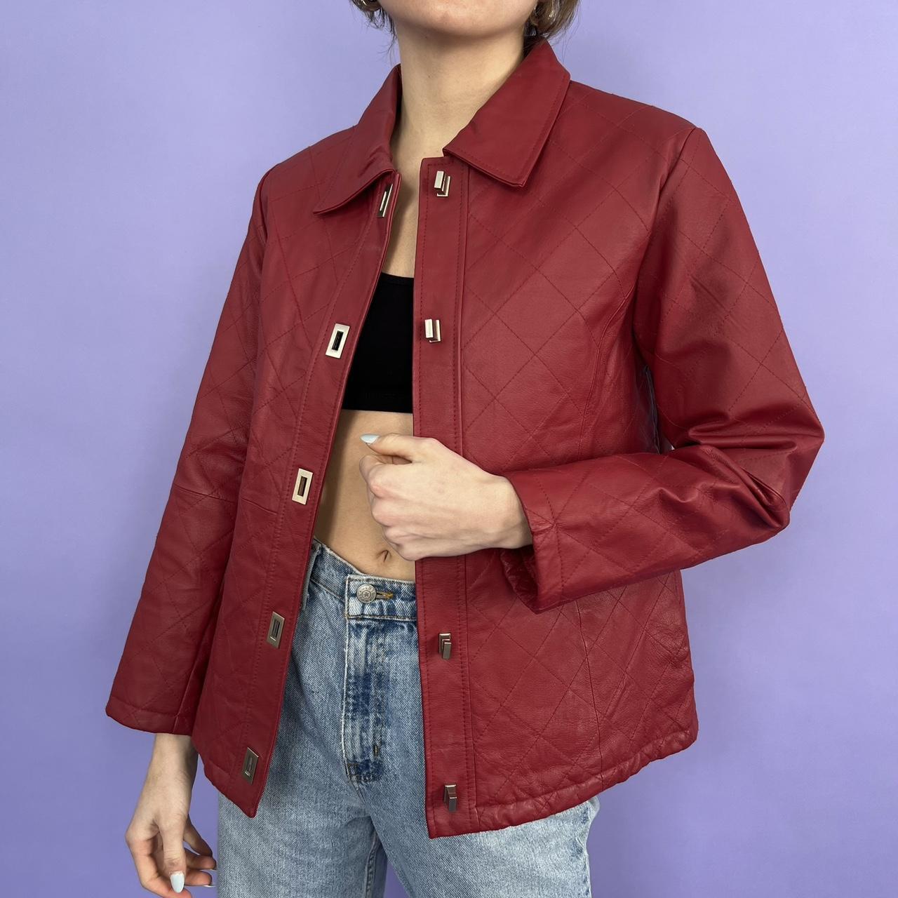 vintage red leather jacket. 90s leather jacket in... - Depop