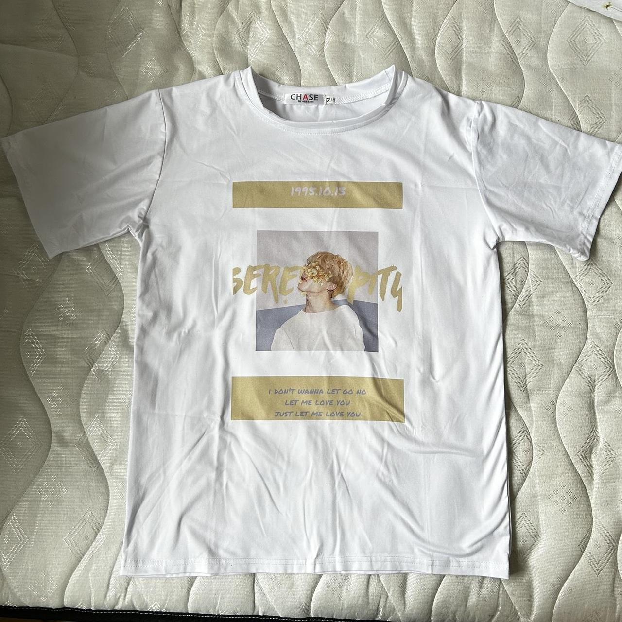 Bts jimin serendipity white graphic tshirt Size... - Depop