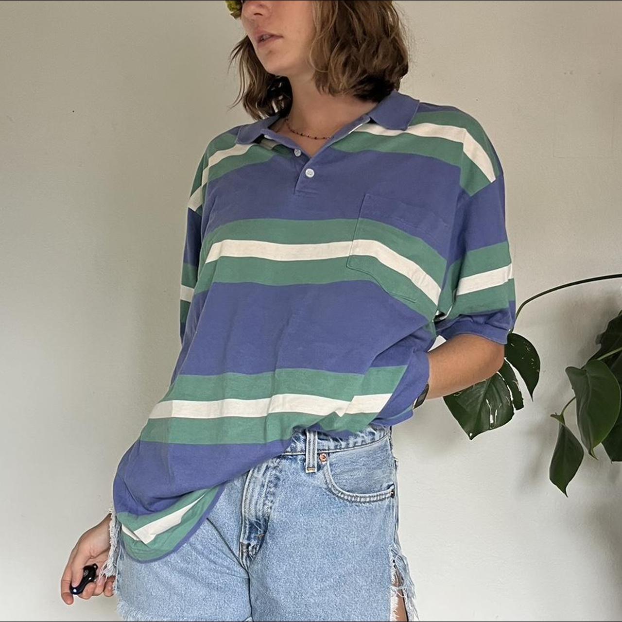 90s vintage polo rugby short sleeve striped shirt... - Depop