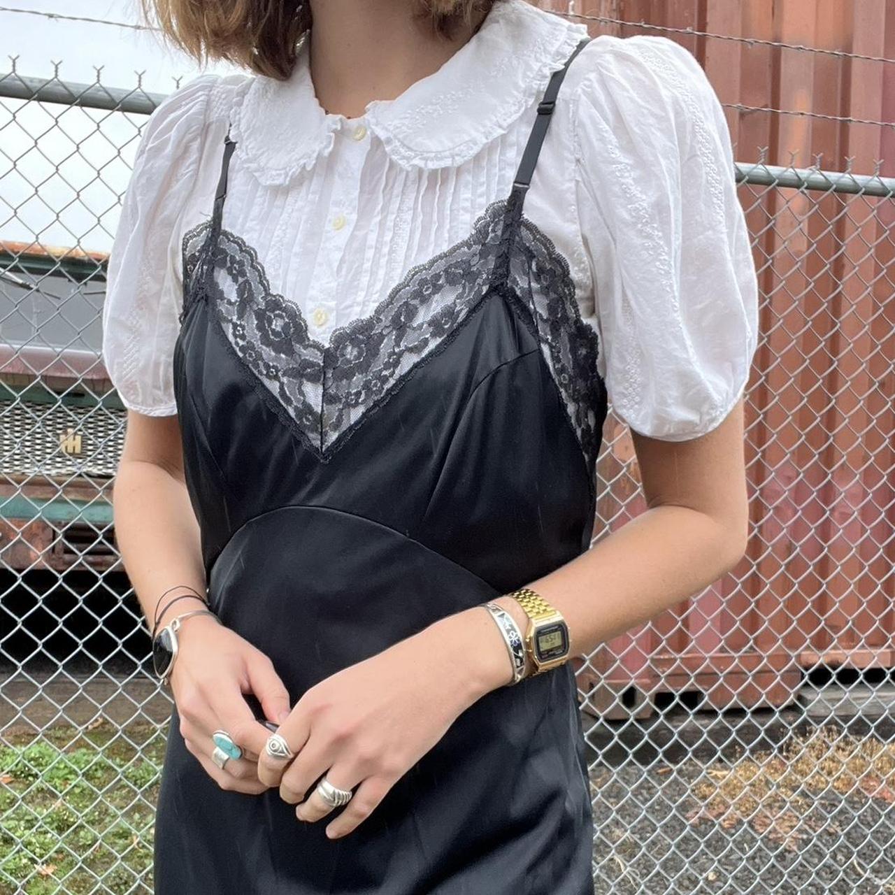 Vintage black maxi slip dress with front slit and... Depop