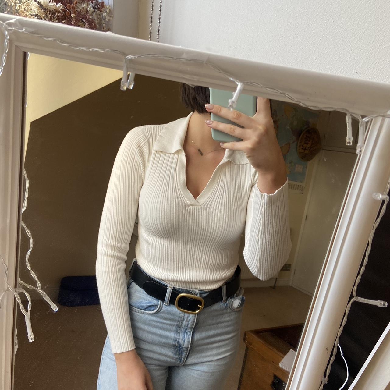 ASOS cream ribbed top with collar Worn once so in... - Depop