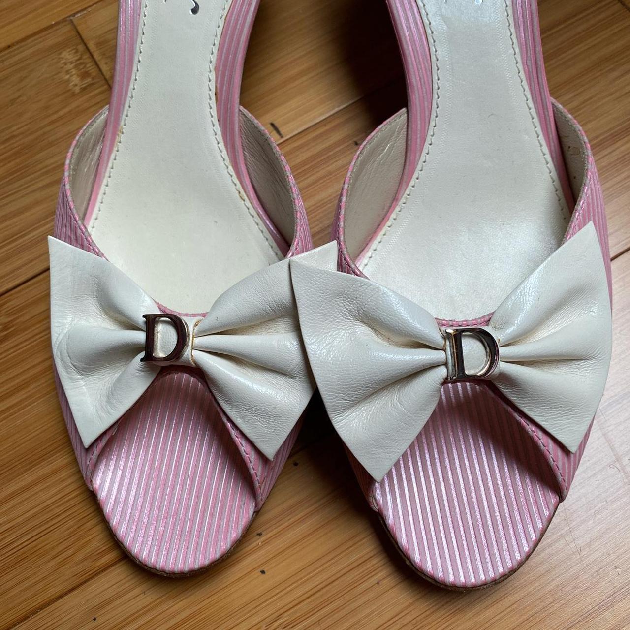 Dior Kitten Heel Pink and White Striped Mules with... Depop