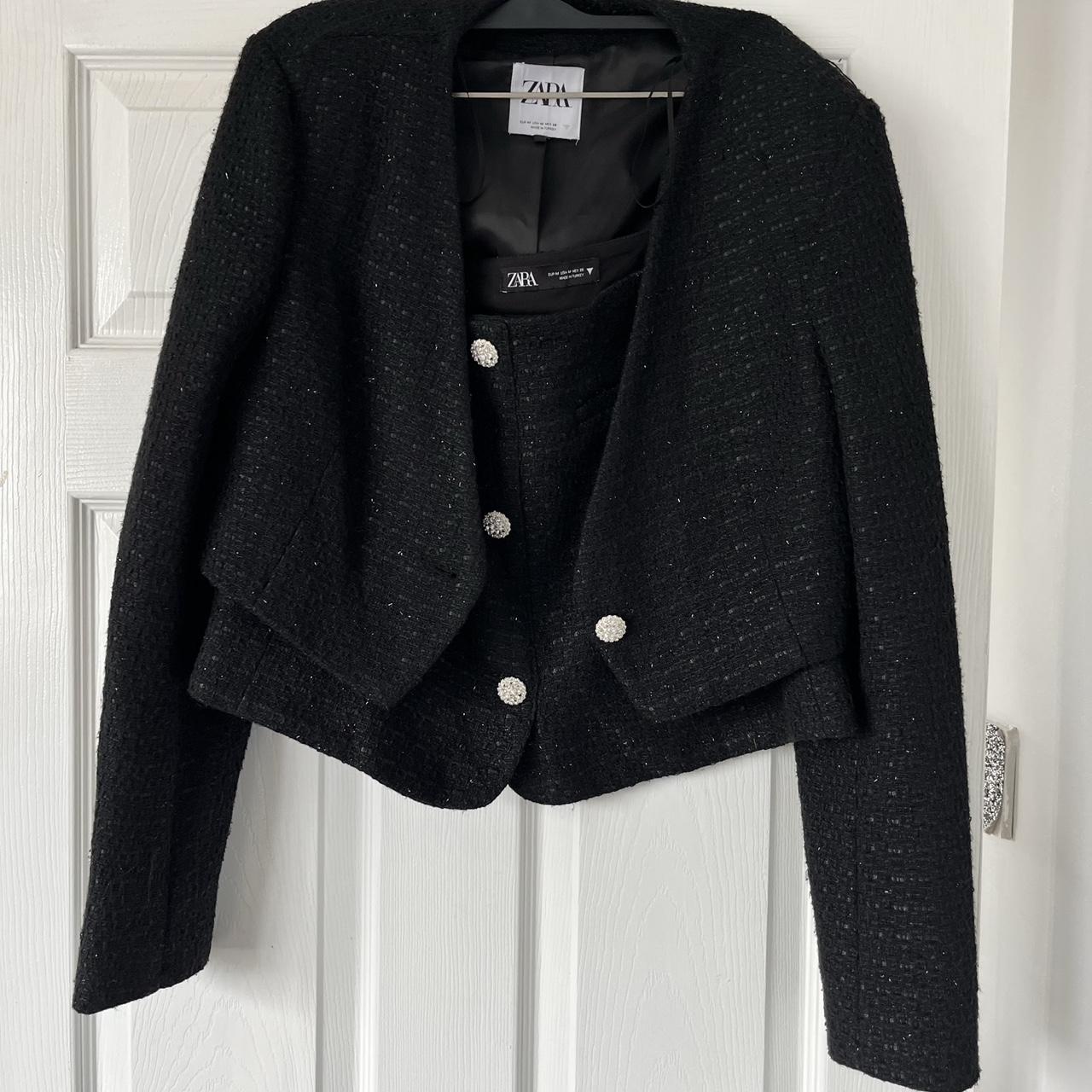 Zara black tweed cropped blazer and skirt coord.... Depop
