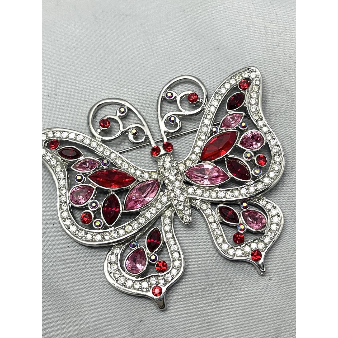 2 Vintage Butterfly Pins with Rhinestones Red - Depop