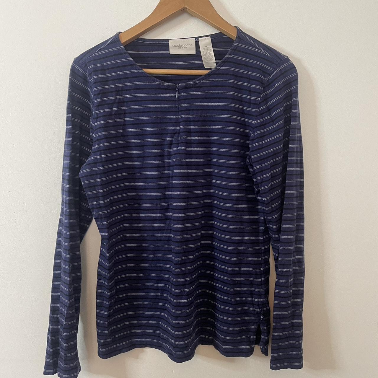 liz claiborne blue striped top with zip liz and co ... - Depop