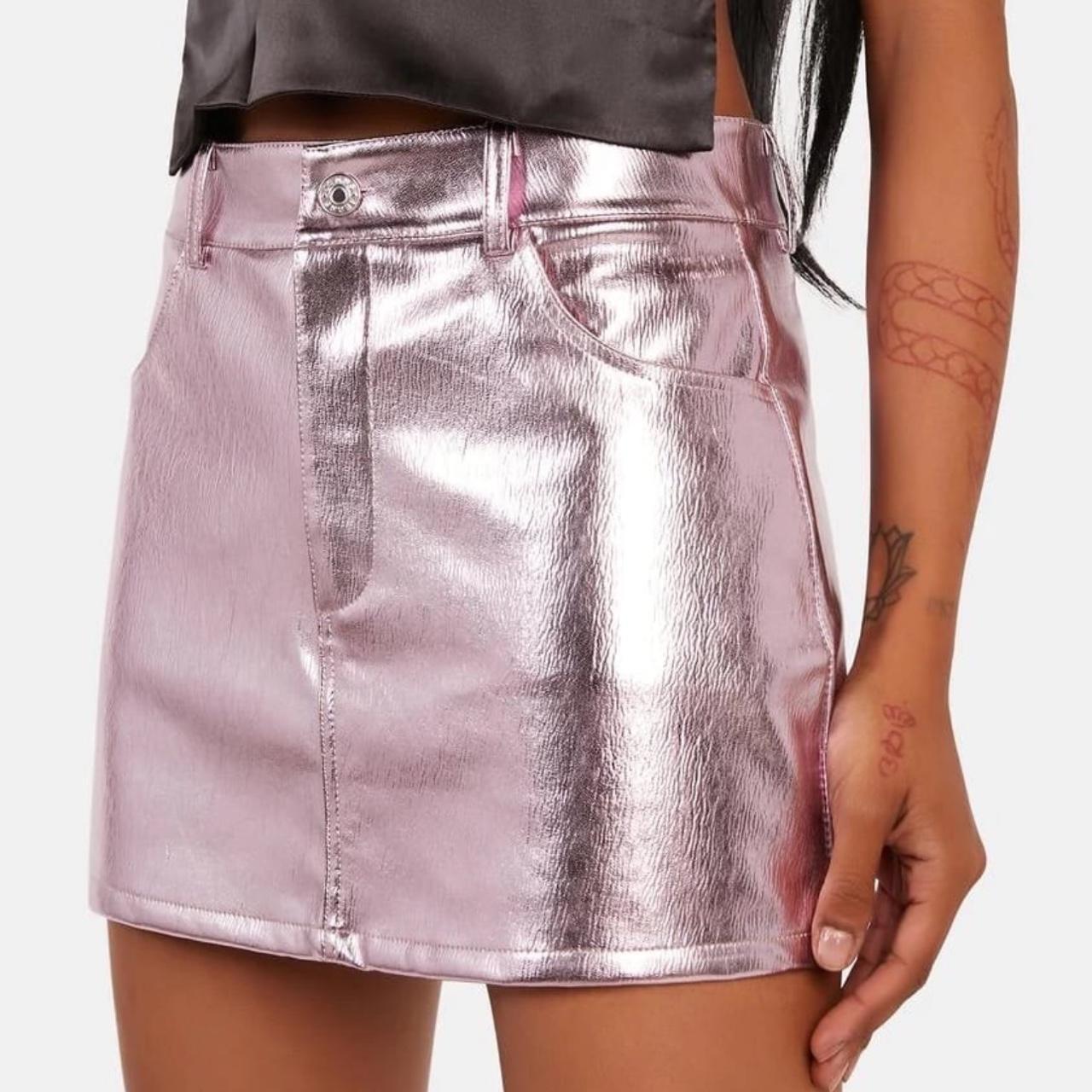 Edikted Metallic Skirt Faux Leather PINK Size LARGE Depop