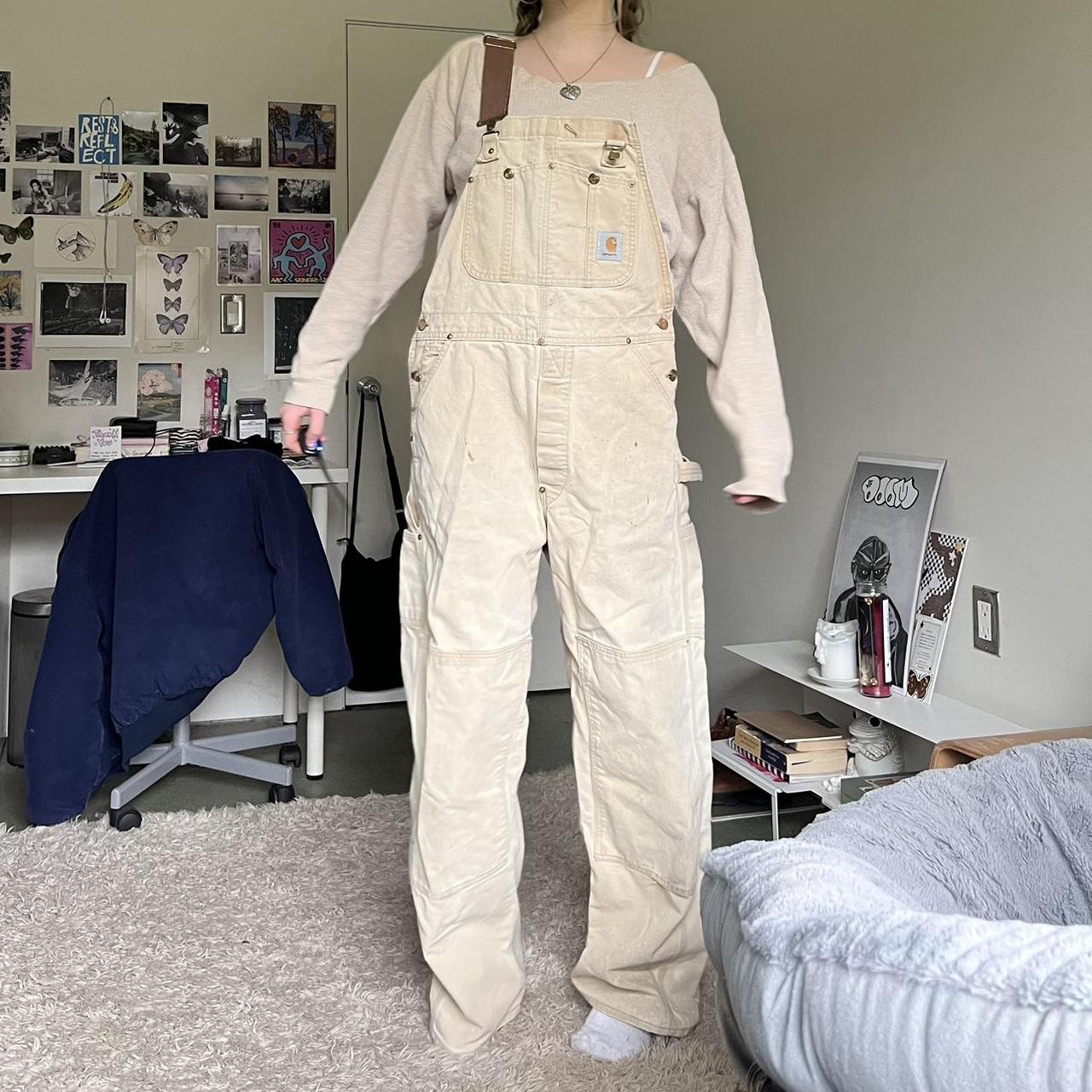 Carhartt Women's Tan and Cream Dungareesoveralls Depop