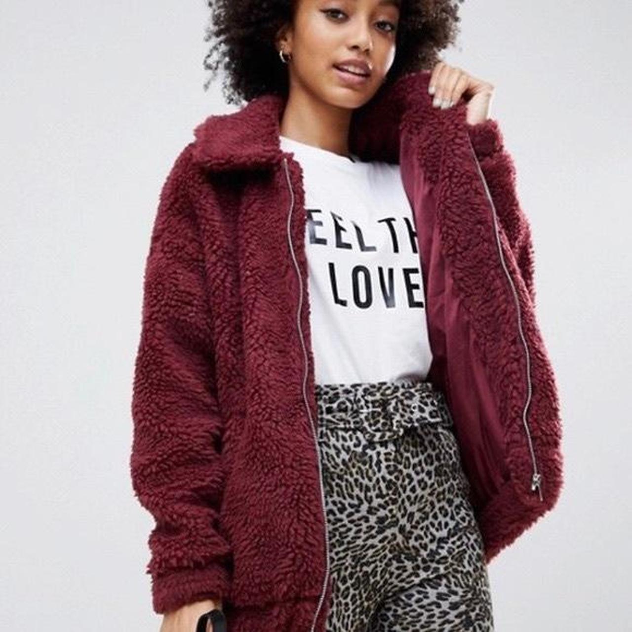 This oversized burgundy sherpa jacket from ASOS... - Depop