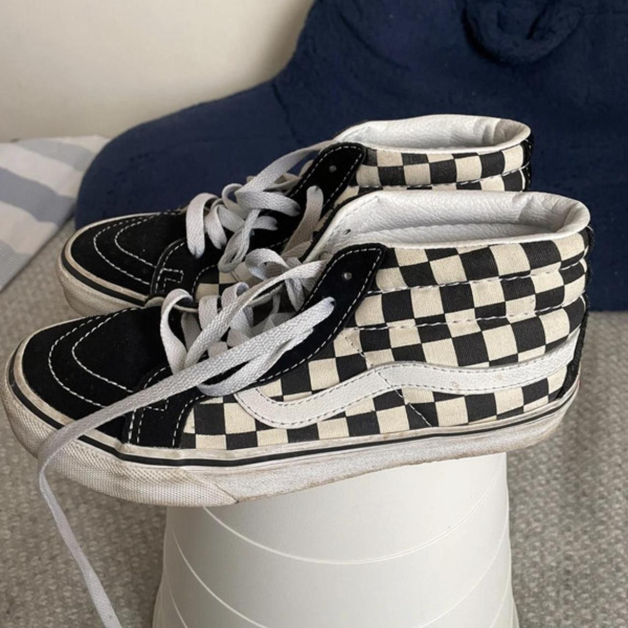 Mid old skool checkerboard vans. Worn but in... - Depop