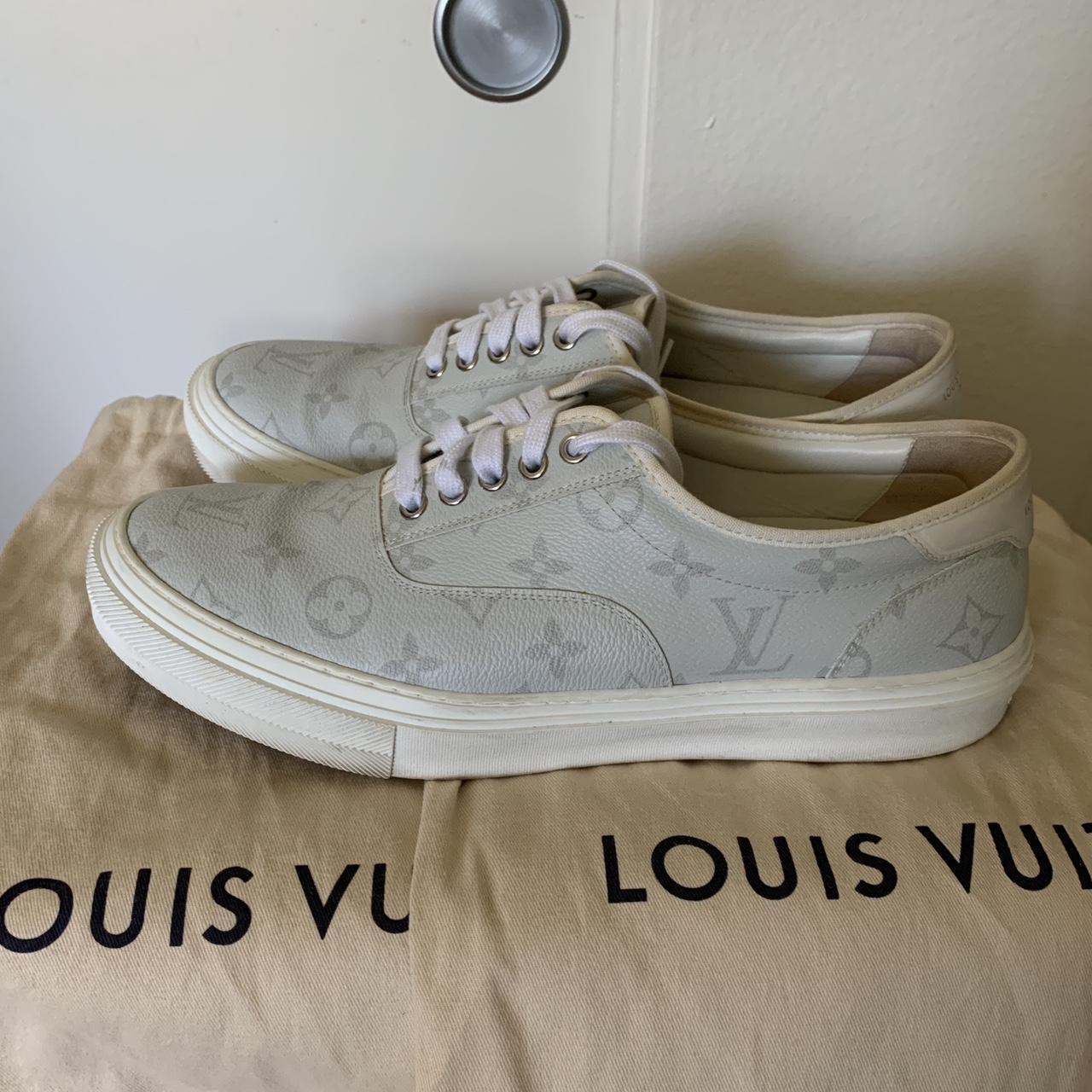 NEW LOUIS VUITTON TROCADERO LEATHER LOW TRAINERS IN GREY LV MONOGRAM LV 8.5