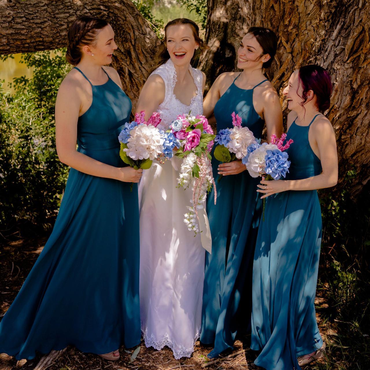 azazie bree bridesmaid dress in peacock. high neck