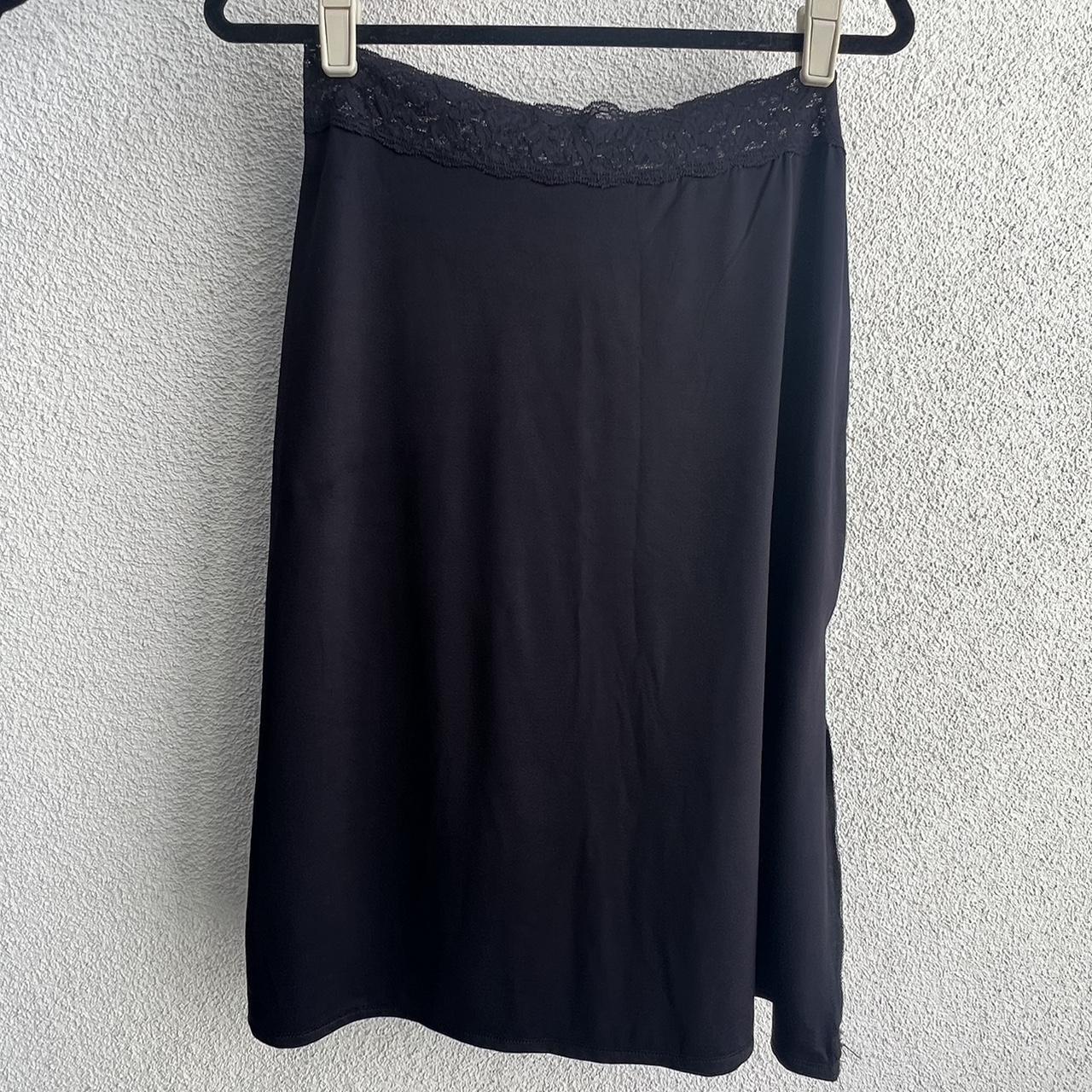 Black satin midi skirt. Lace elastic waist band with... - Depop