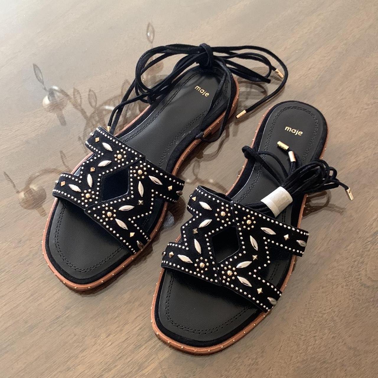 unique shape Maje Leather Gladiator Sandals Black Studded