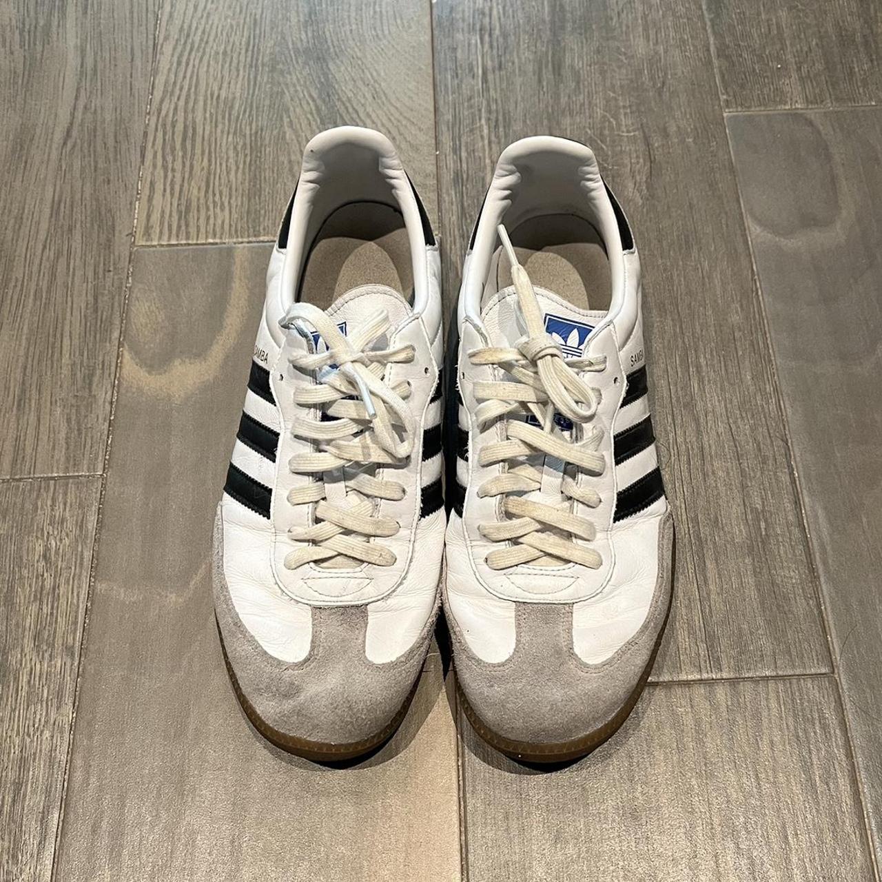 White with black stripes adidas sambas Used... - Depop