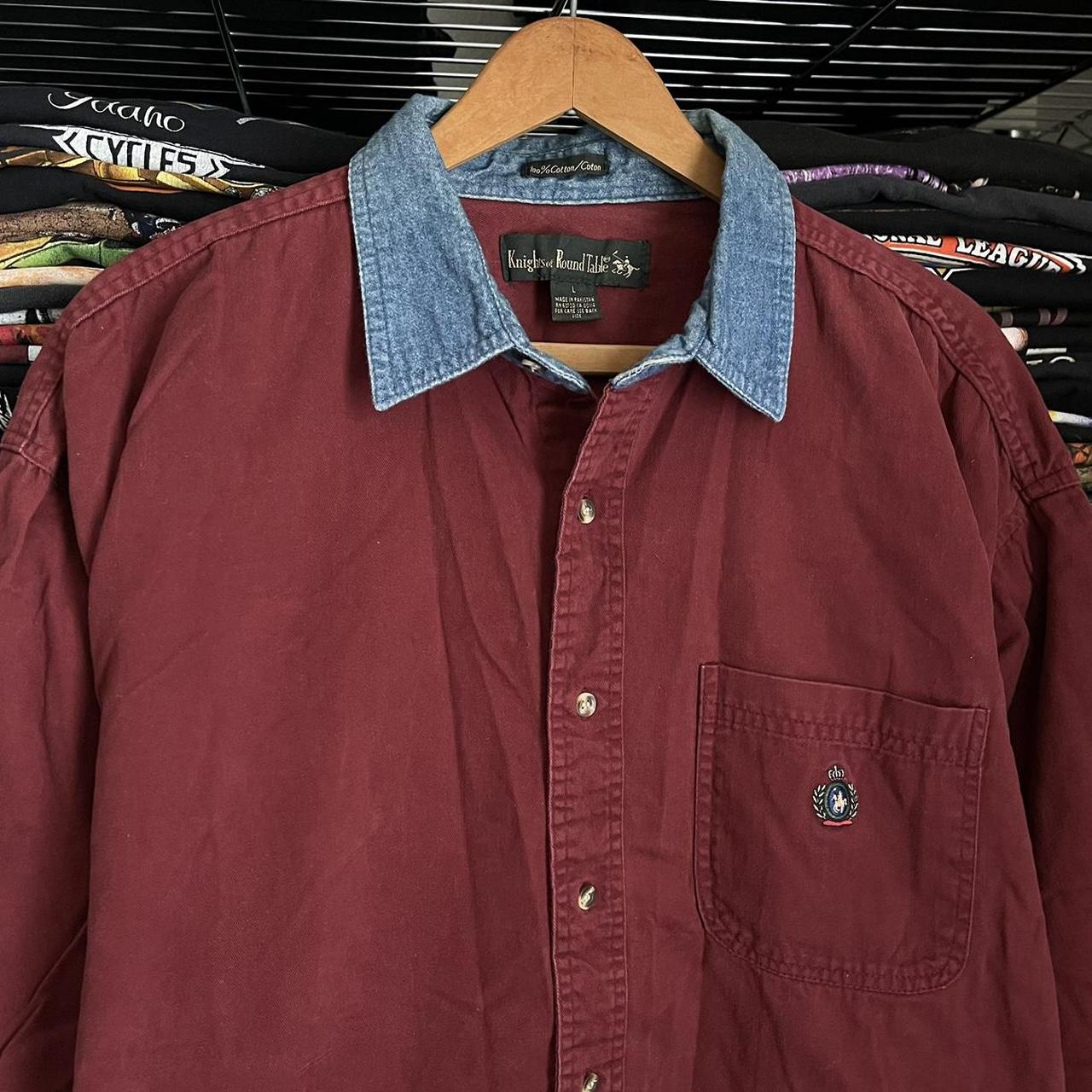 Vintage 90s Burgundy Denim Collar Button Up Shirt Depop