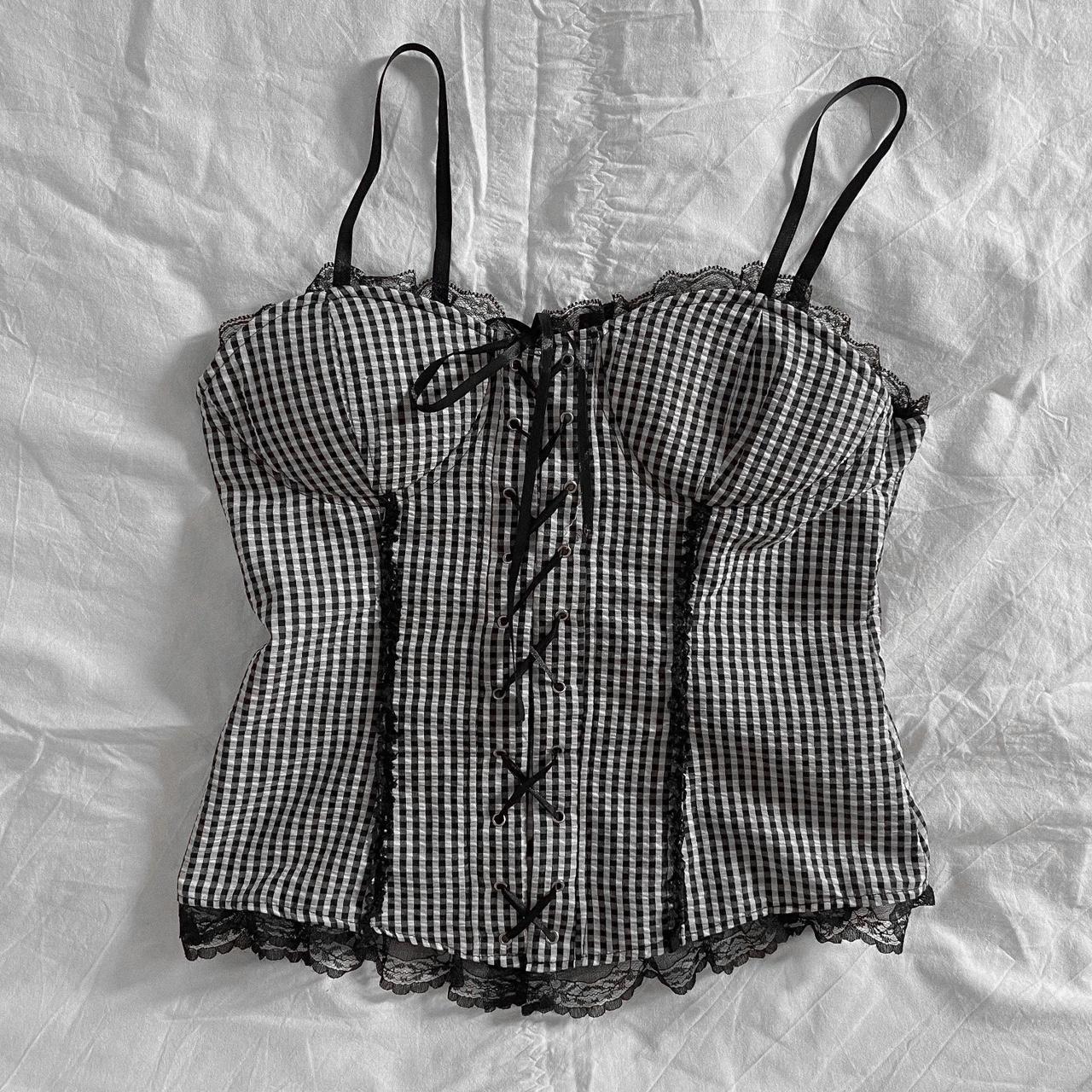 Coquette Corset Cami Top 🦇 ⚔️ Gingham Pattern Satin Depop