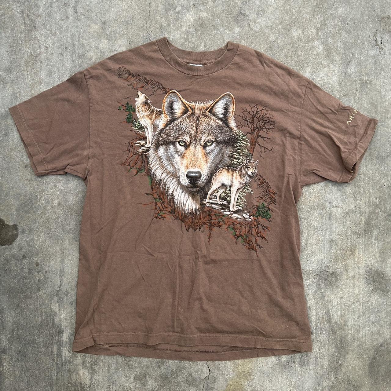 Vintage 90s Men’s Wolf Head Brown T-Shirt Size XL... - Depop