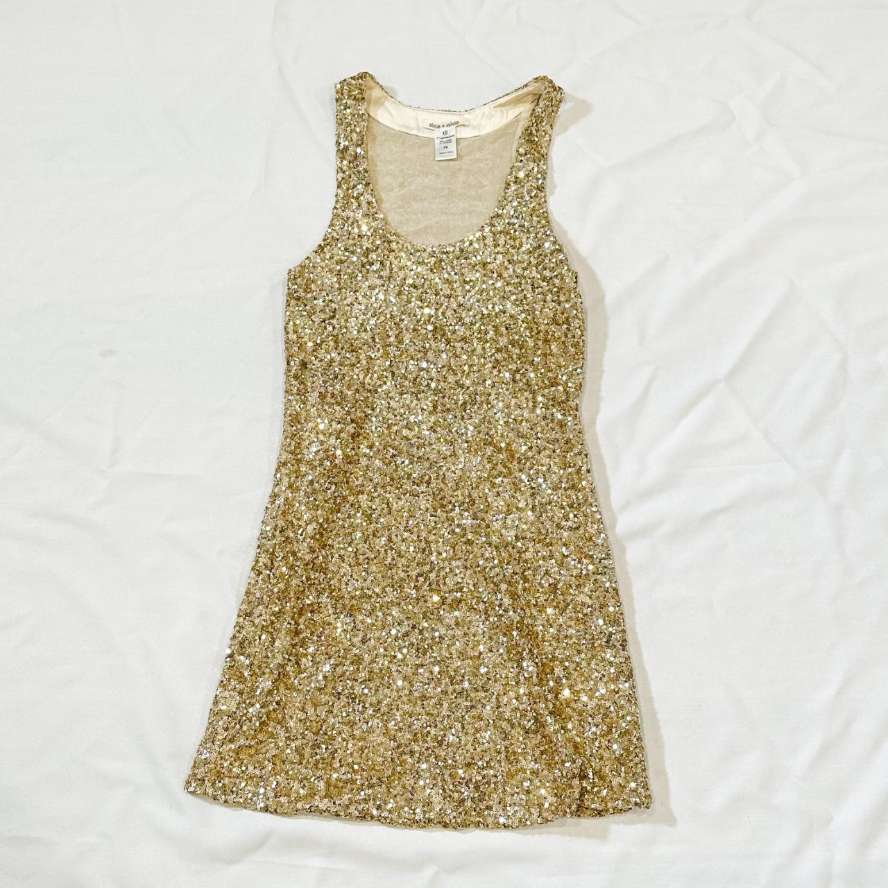 Alice and Olivia Sequin Gold Dress in Extra Small - Depop