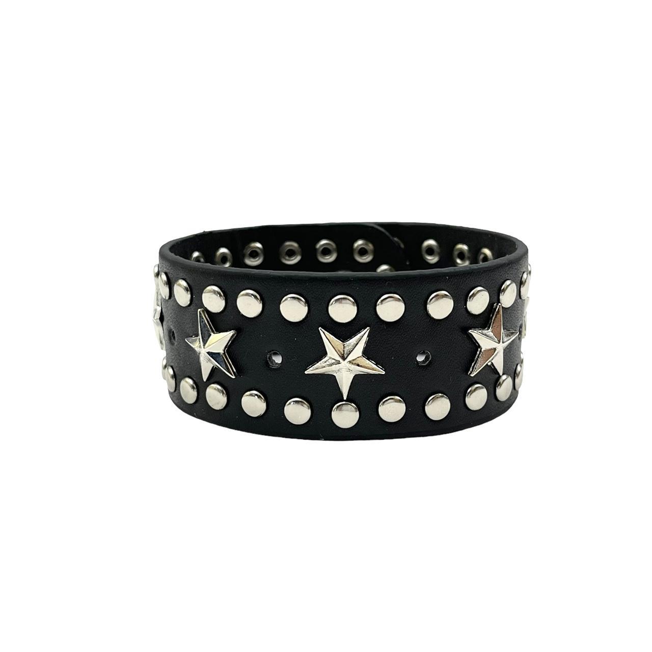 thick gothic star leather cuff bracelet ★ silver... Depop
