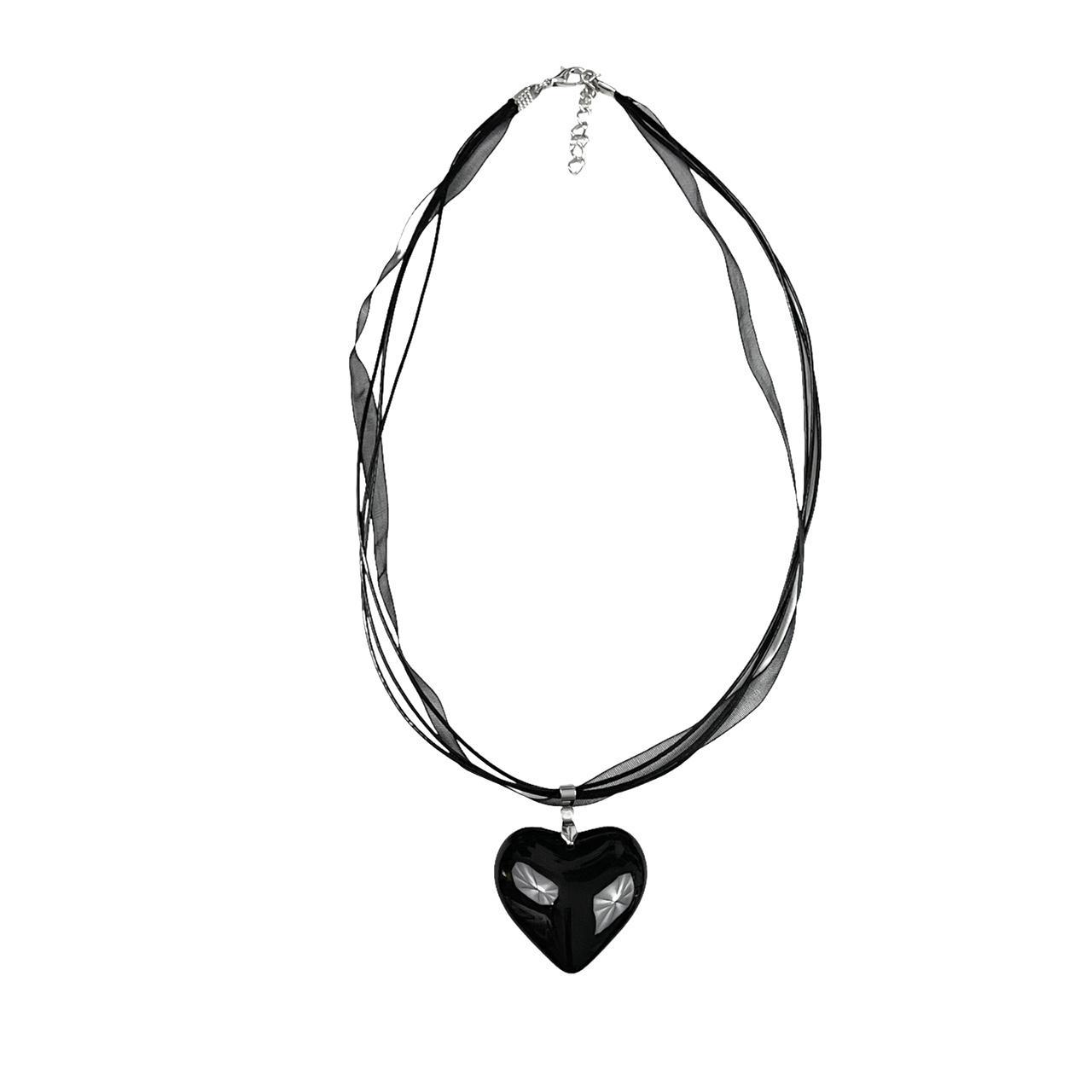 black glass heart ribbon necklace 🖤 large black hand... - Depop