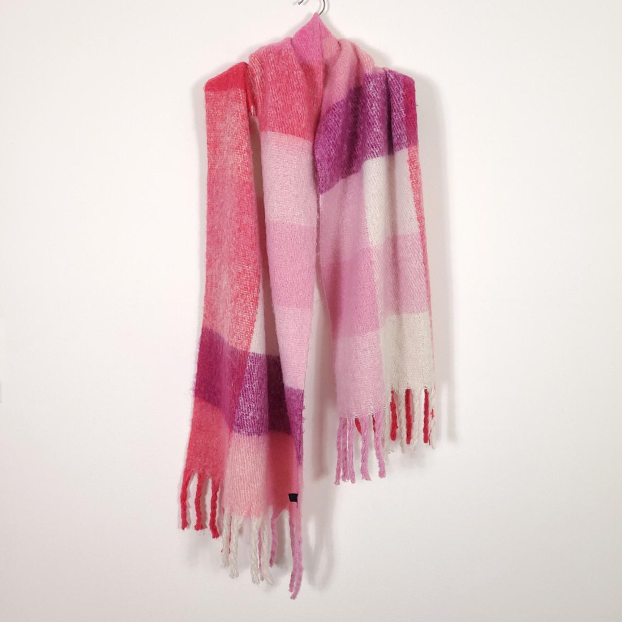 Plaid Chunky Knit Blanket Scarf Pink, cream &... Depop