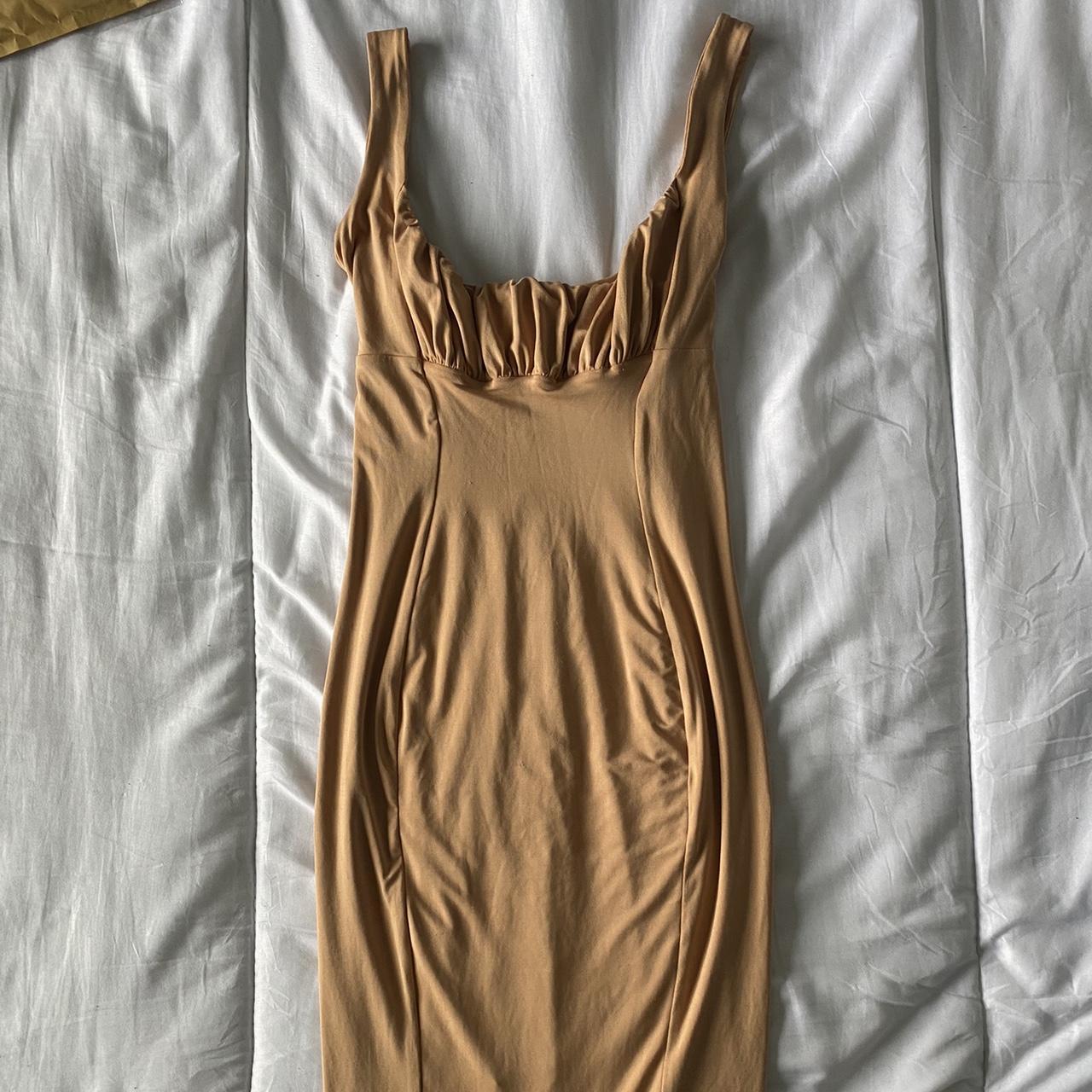 Nude/Brown Ruched Bust MIDI Oh Polly Dress Size 8... - Depop