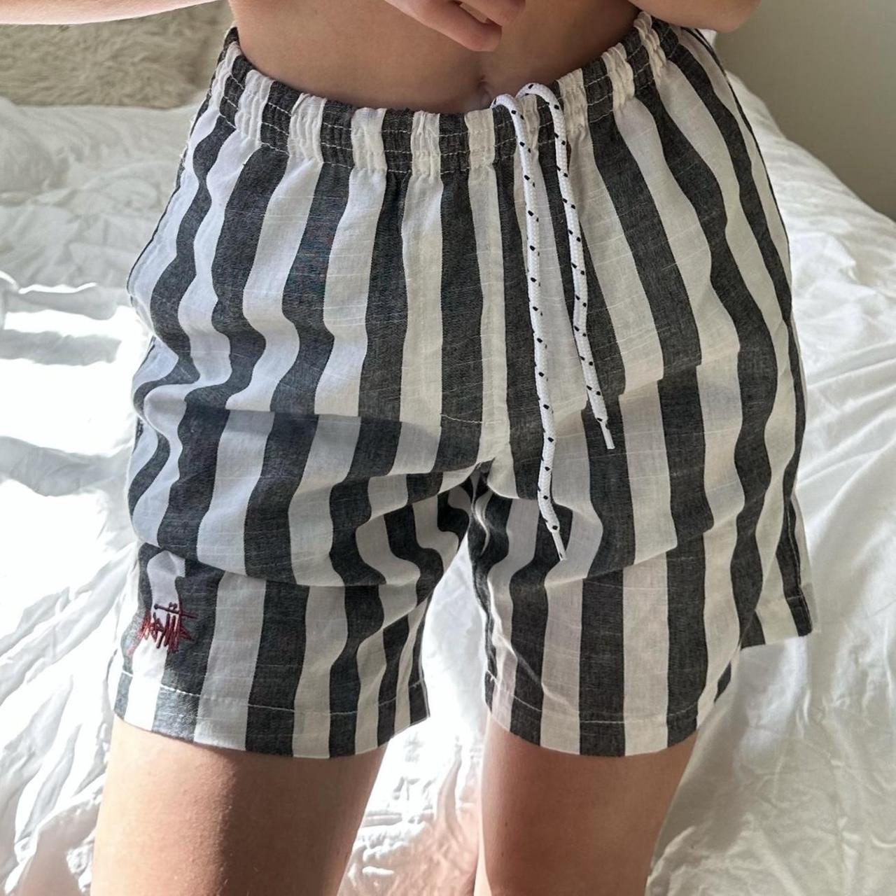 stussy stripe shorts w28 shown on a size 6 w25 good... - Depop