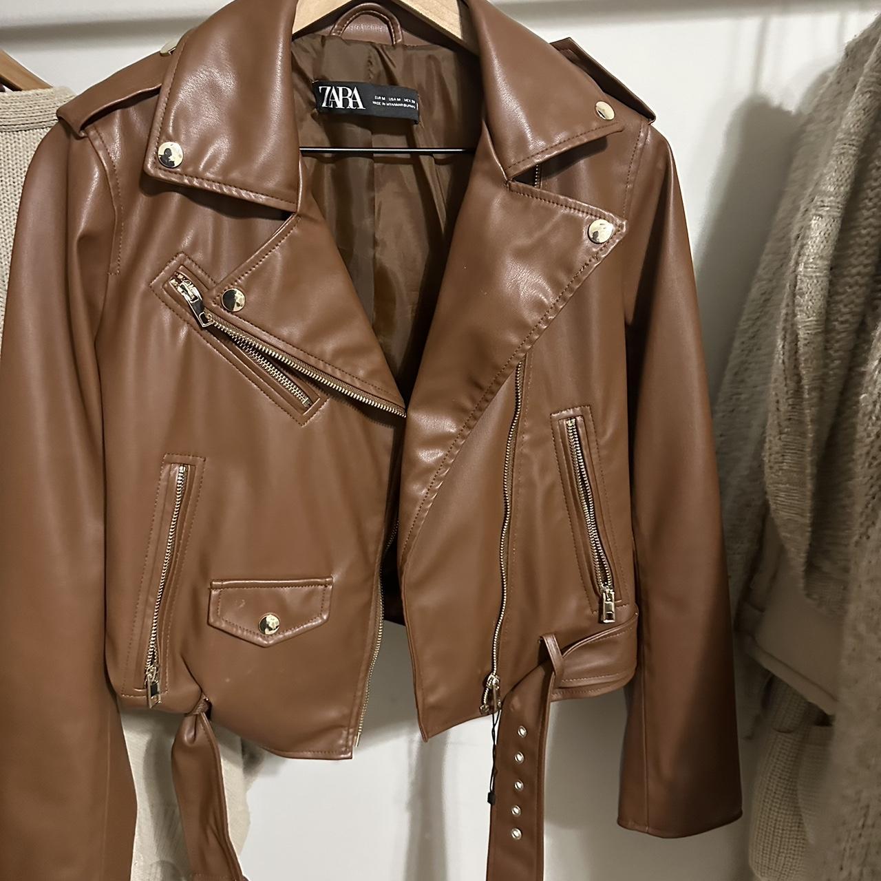 Brown Zara biker jacket Size M, fits like S - Depop