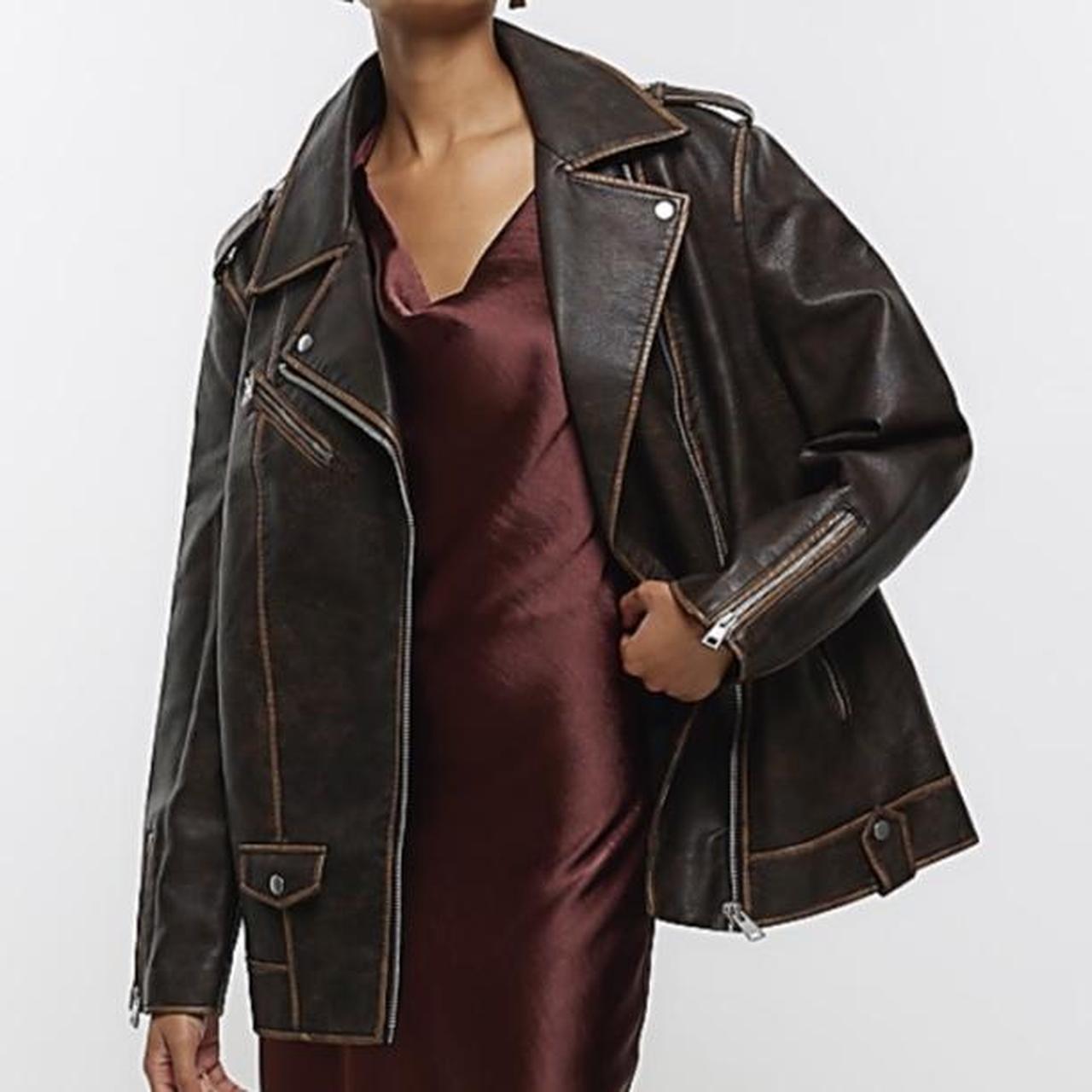 RIVER ISLAND BROWN FAUX LEATHER OVERSIZED Depop