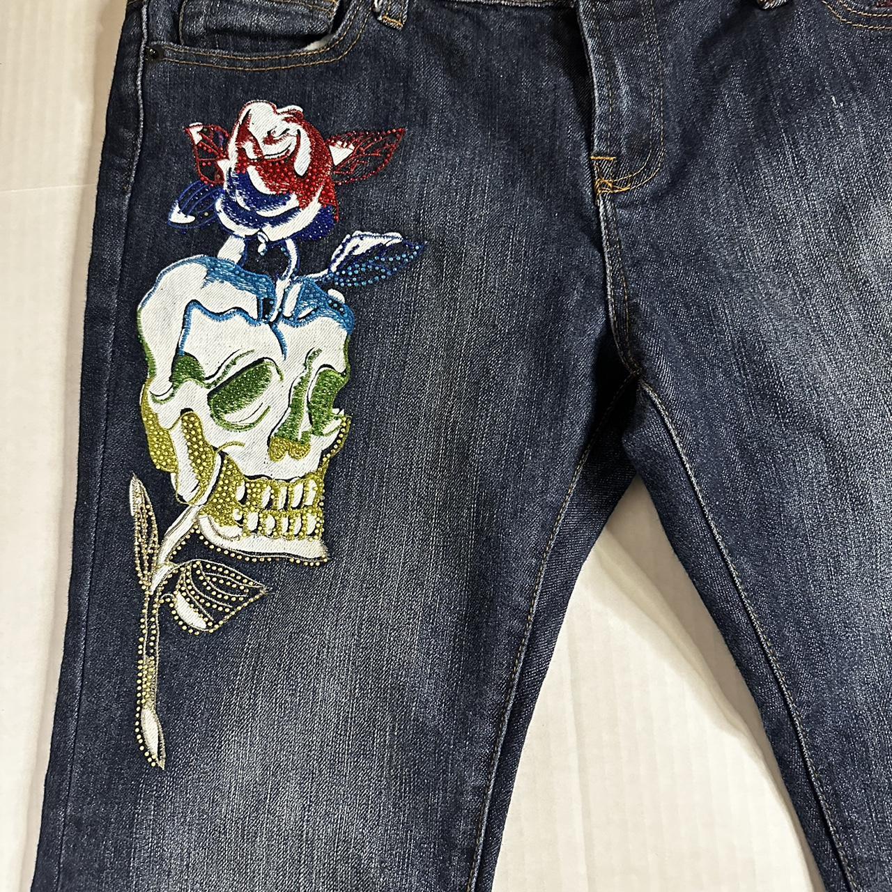 Ed Hardy Y2K Denim Jeans with Rhinestone Skull and... - Depop