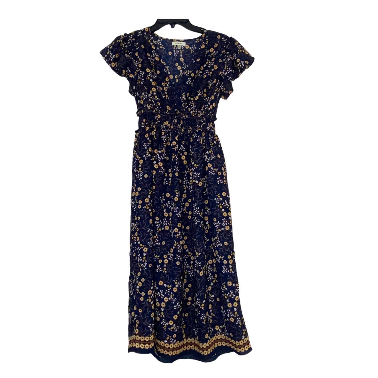 Max Studio Women's Navy and Yellow Dress | Depop