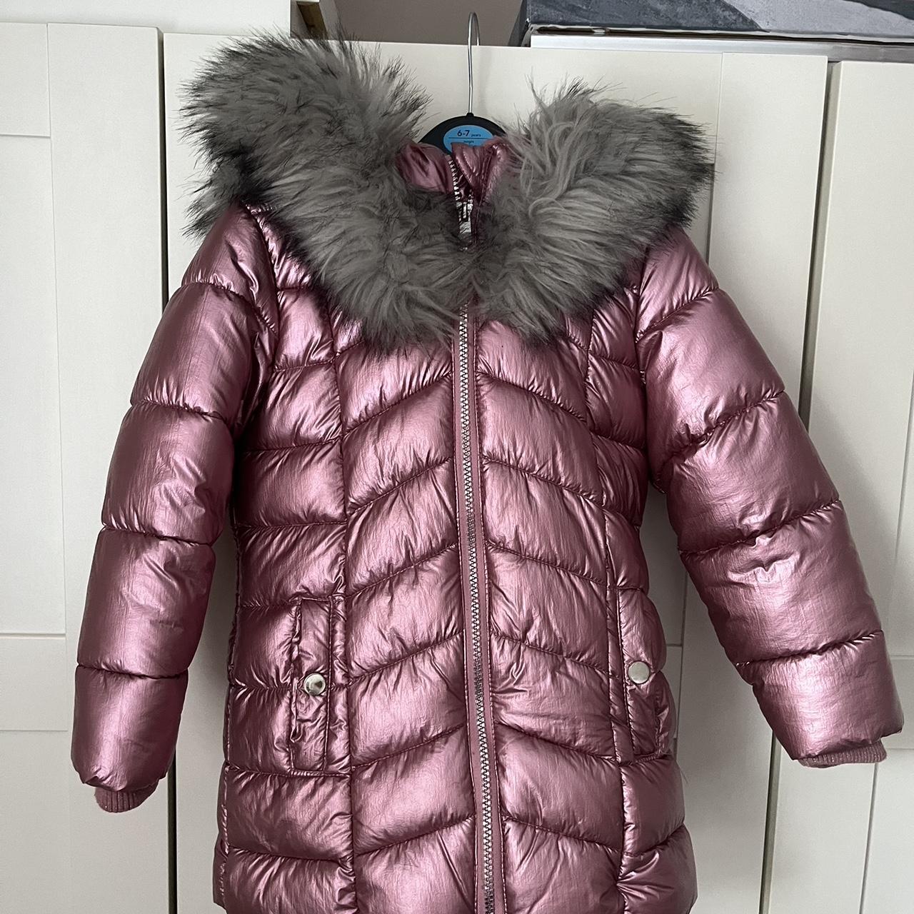 Matalan Girls Puffer Jacket Long Shiny Pink Fur... Depop