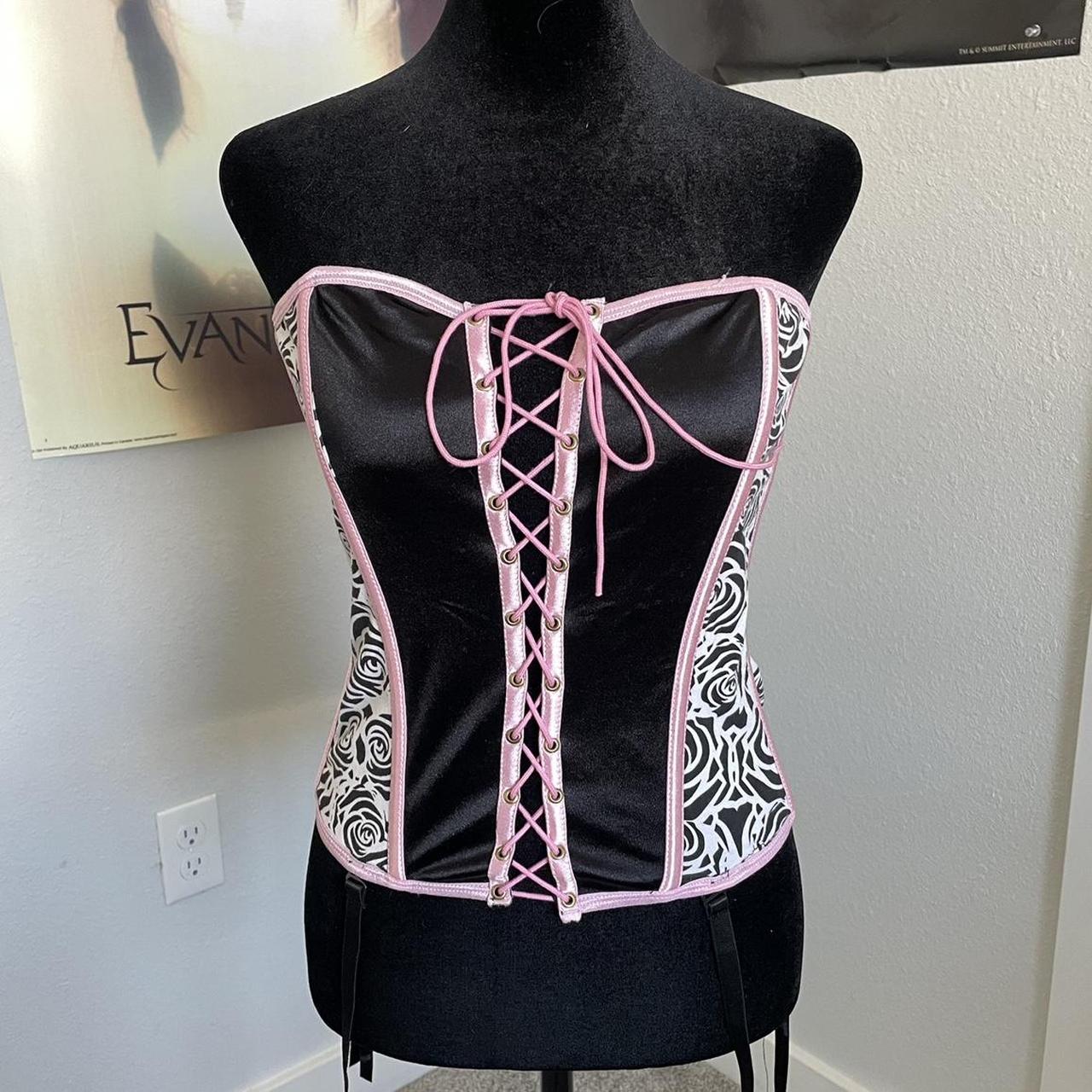 Y2k early online 2000s pink and black lace bustier top