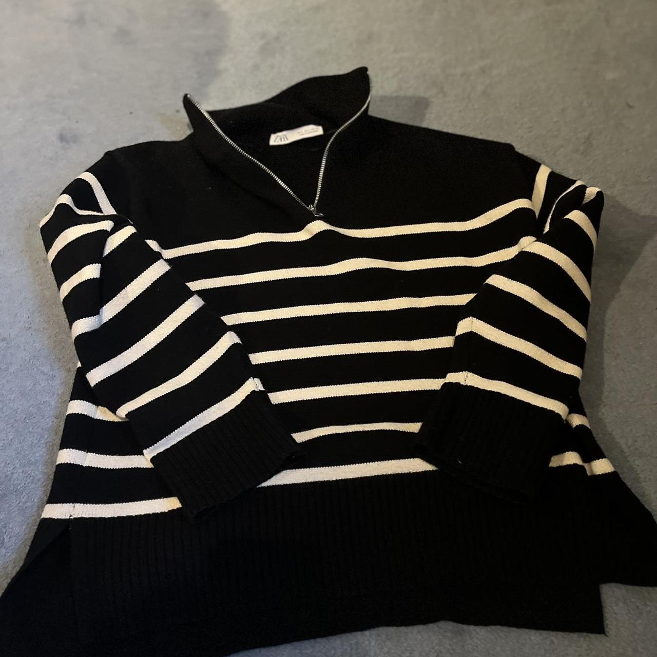 Zara black & white stripe half zip jumper Worn... - Depop