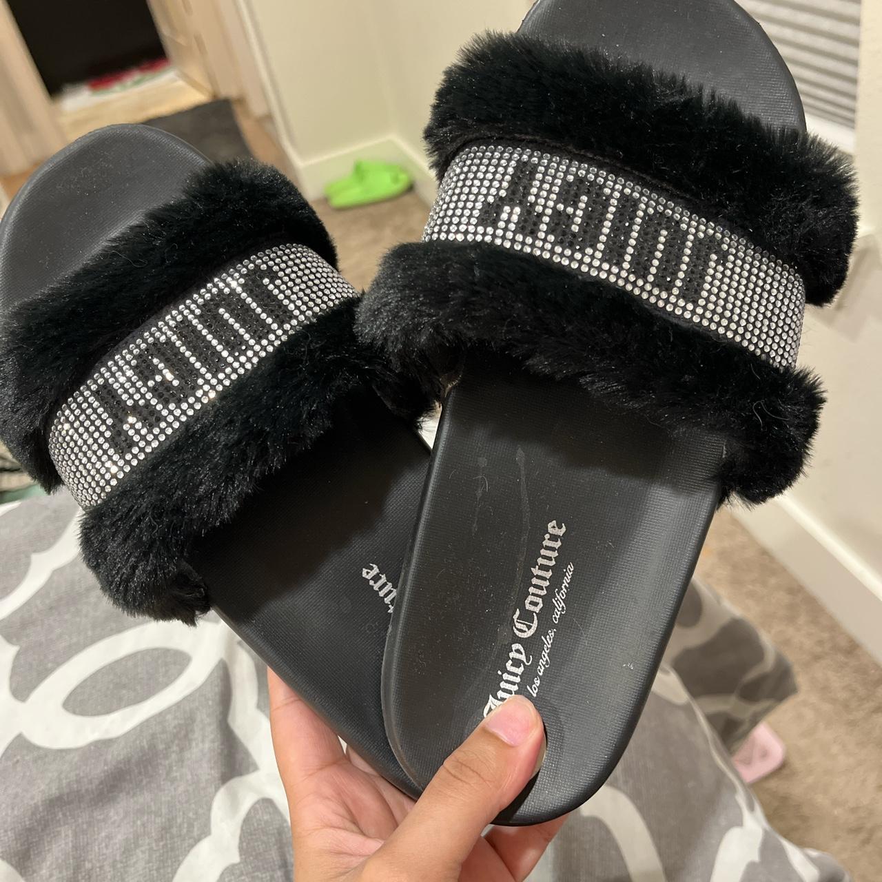 juicy couture slides! black slides with fur +... - Depop