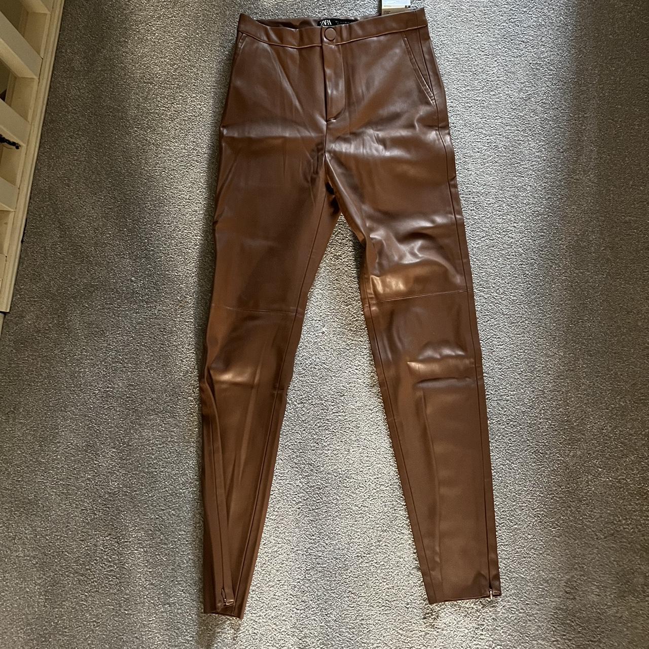 Brown Zara leather leggings - Depop