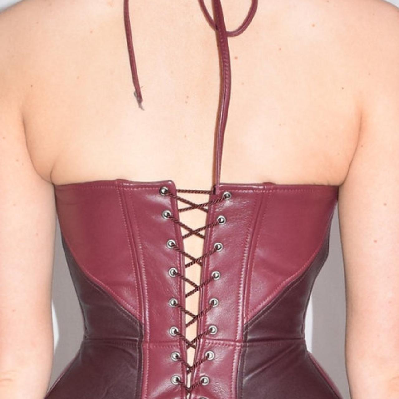 Burgundy nappa leather boned corset with lace up - Depop