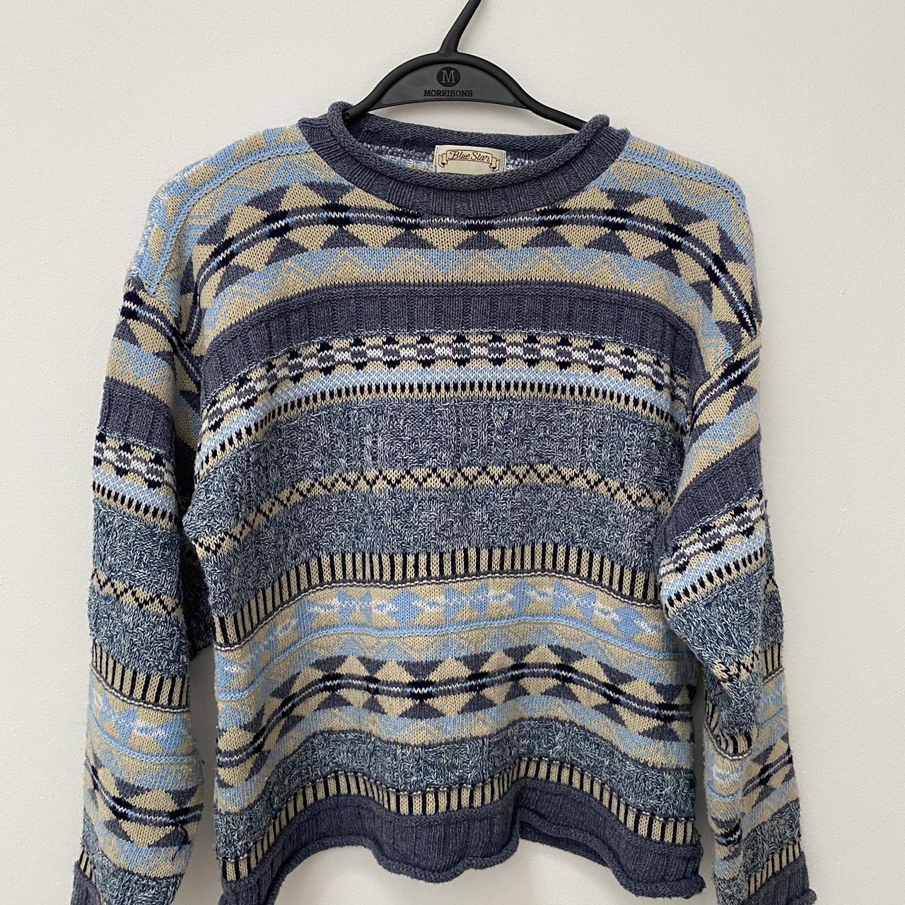 Retro knitted jumper Blue and cream pattern Lovely... - Depop