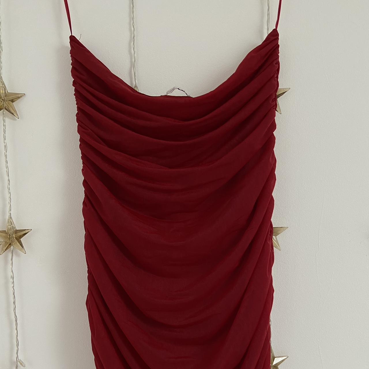 dark red strapless ruched dress unworn, from... - Depop