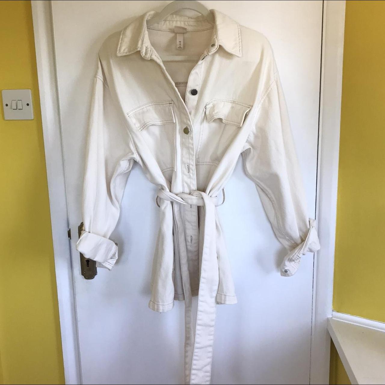 H&M white denim jacket with tie up detail... - Depop