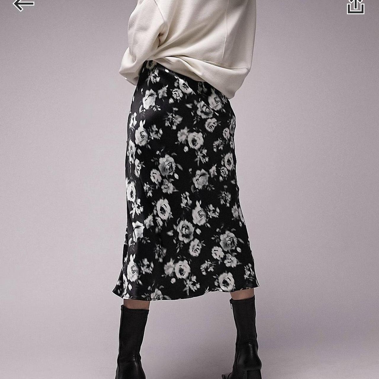 Topshop satin black midi maxi floral skirt size 6