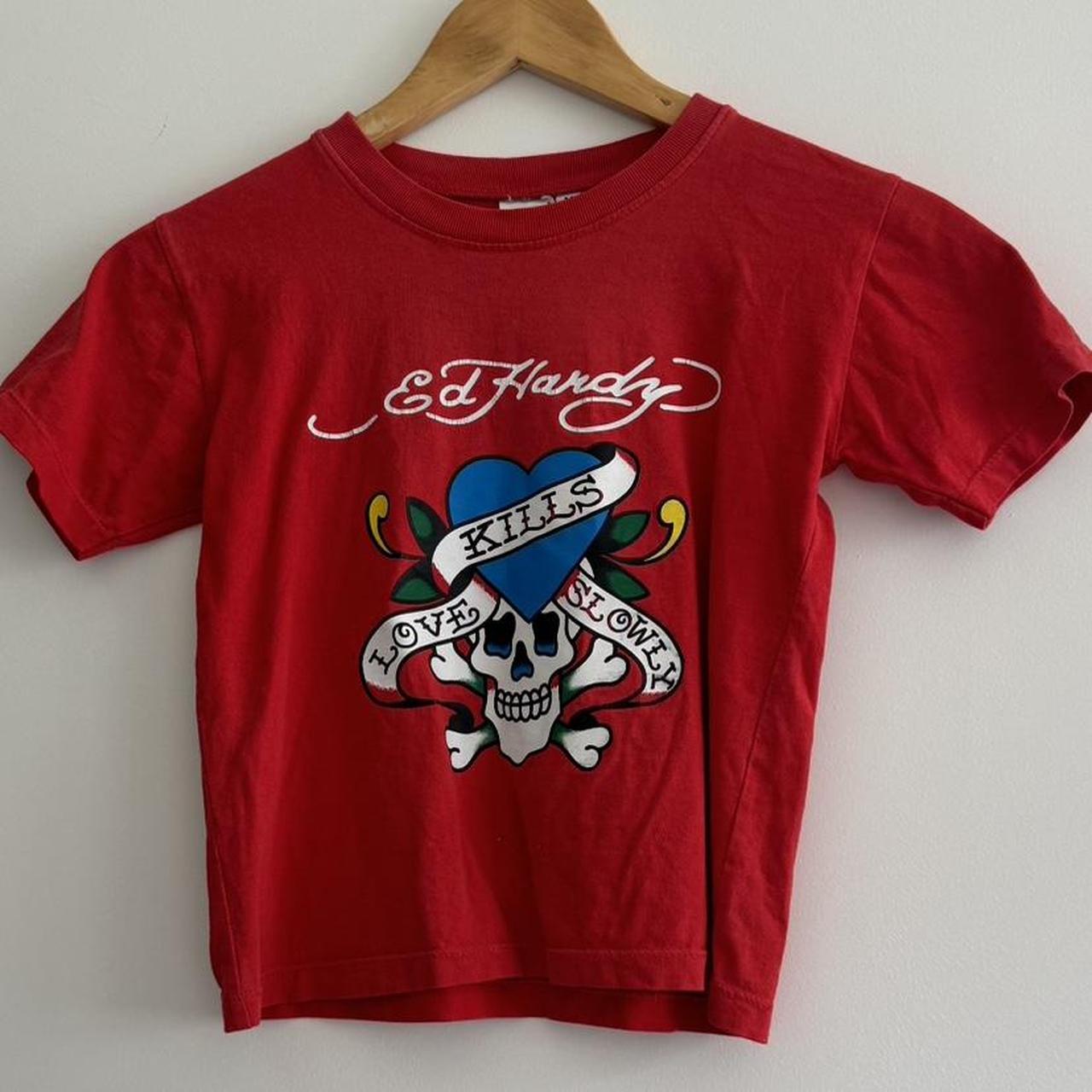 Red Ed Hardy cropped tee, says M but more of an... - Depop