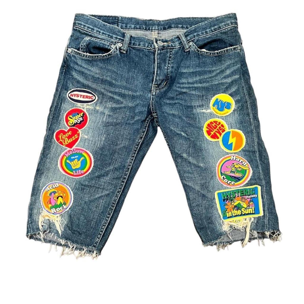 Vintage Hysteric Glamour Patchwork Half Denim Pants... - Depop